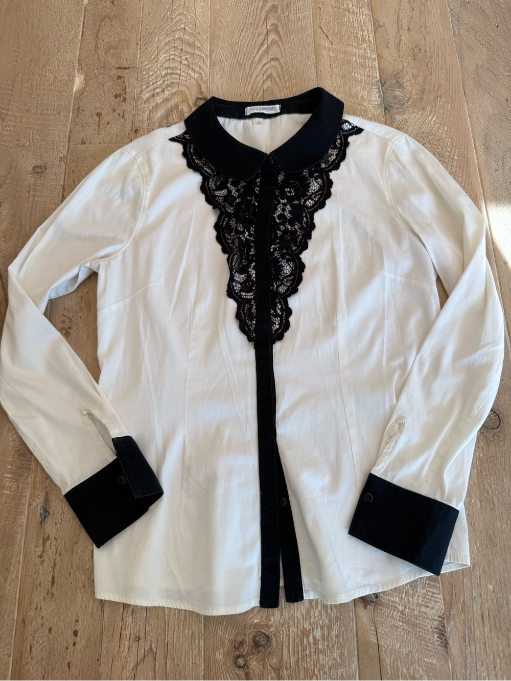 Naracamicie White Blouse with Black Lace Trim and Collar Small